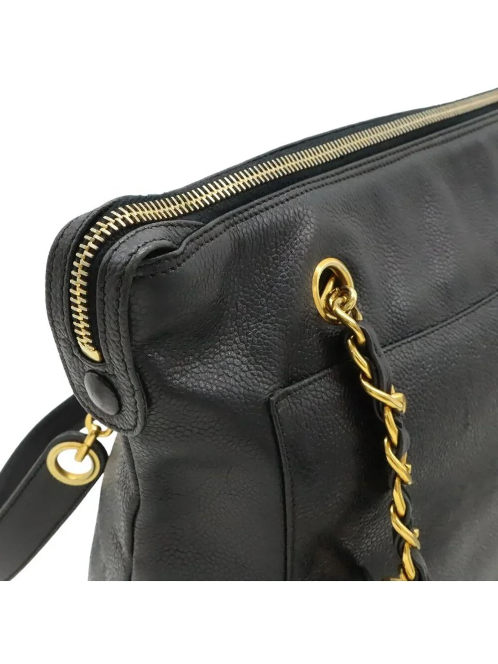 Chanel CC Logo Tote Chain Shoulder Bag Caviar Leather Black Gold